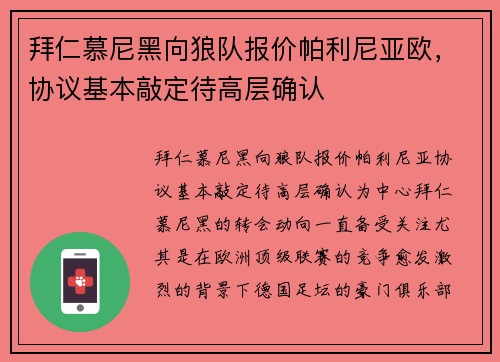 拜仁慕尼黑向狼队报价帕利尼亚欧，协议基本敲定待高层确认