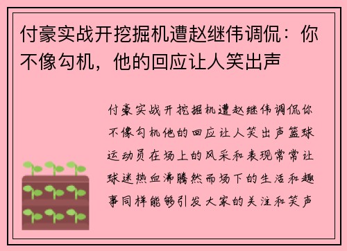 付豪实战开挖掘机遭赵继伟调侃：你不像勾机，他的回应让人笑出声