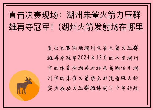 直击决赛现场：湖州朱雀火箭力压群雄再夺冠军！(湖州火箭发射场在哪里)